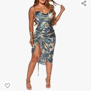 Satin cowl neck dress, blue floral size XXL